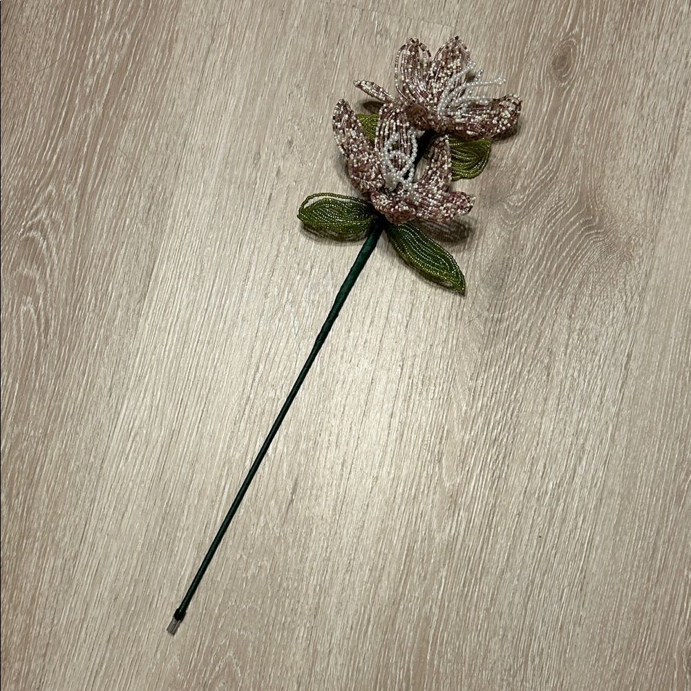 Handcrafted French Glass Beaded Pink Flower w Stem Green Leaves Vintage Inspired